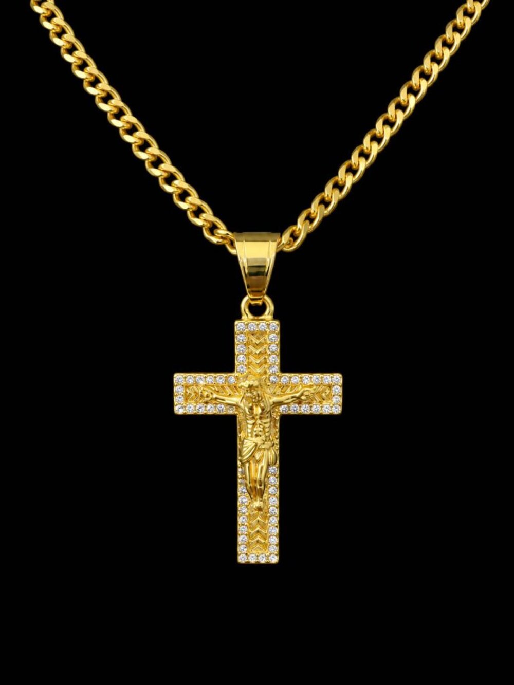 Men’s 14K Gold PVD 316L Stainless Steel Crucifix Pendant Cuban Chain Necklace